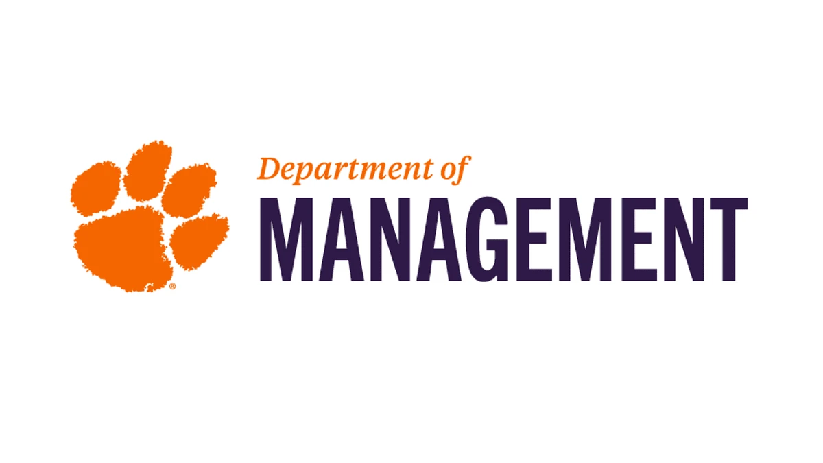 This image displays a logo featuring an orange paw print alongside the words "Department of Management" in orange and purple text.