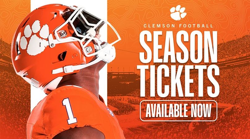 A football player in Clemson gear is featured promoting the availability of season tickets for Clemson Football.