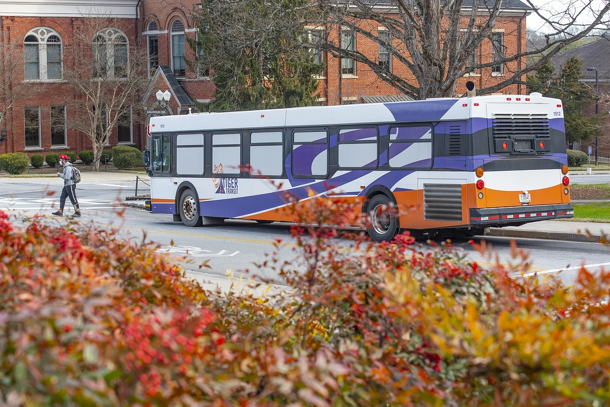 A Tiger Transit bus navigates the center of campus during Spring 2021