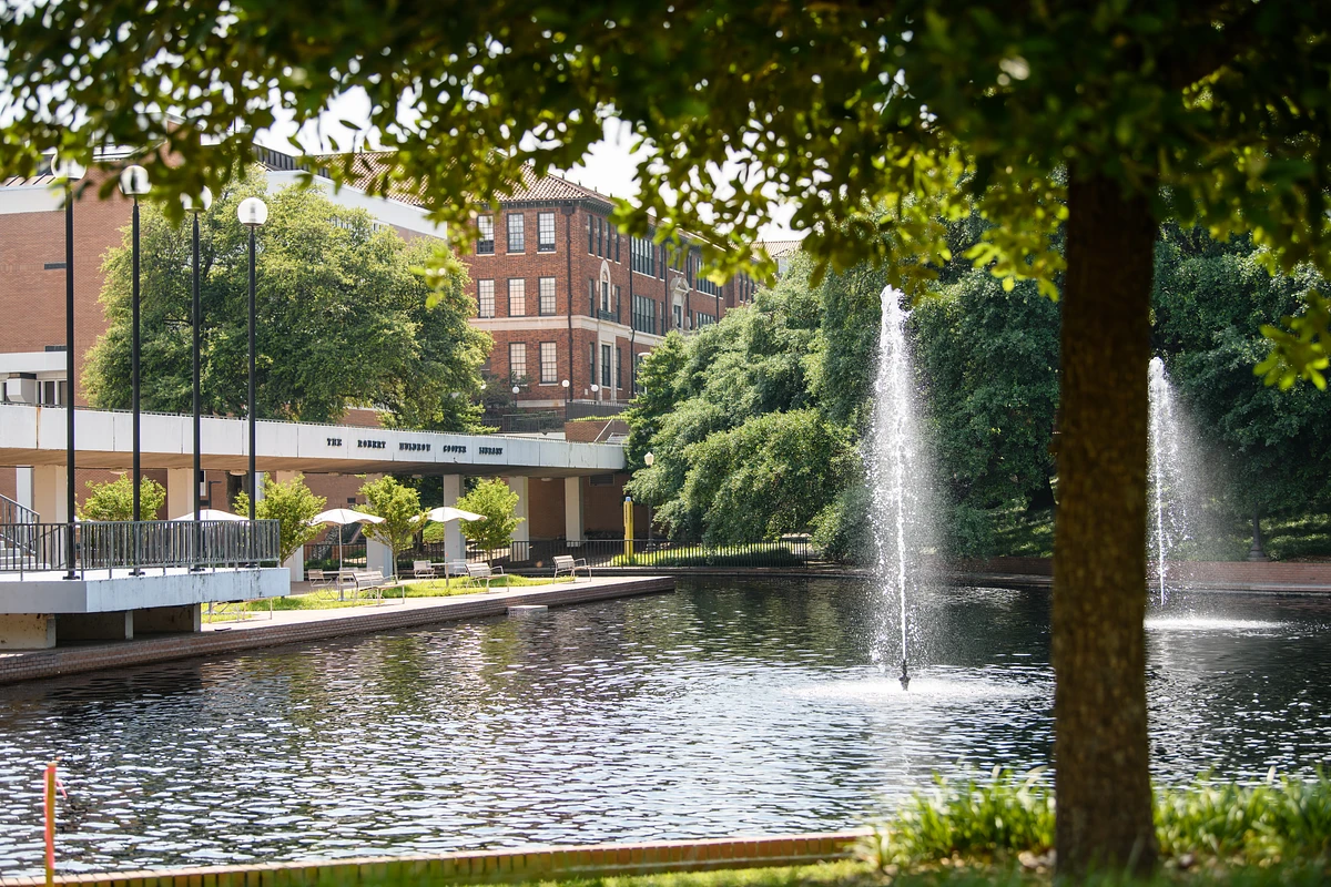 Clemson University's main campus, highlighted by the fountains in front of Cooper Library
